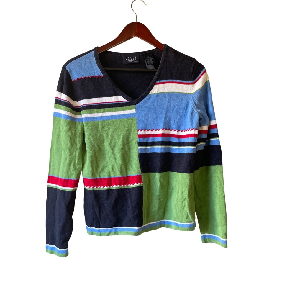 Vintage Womens M‎ V Neck Patchwork Striped Long Sleeve Sweater Top